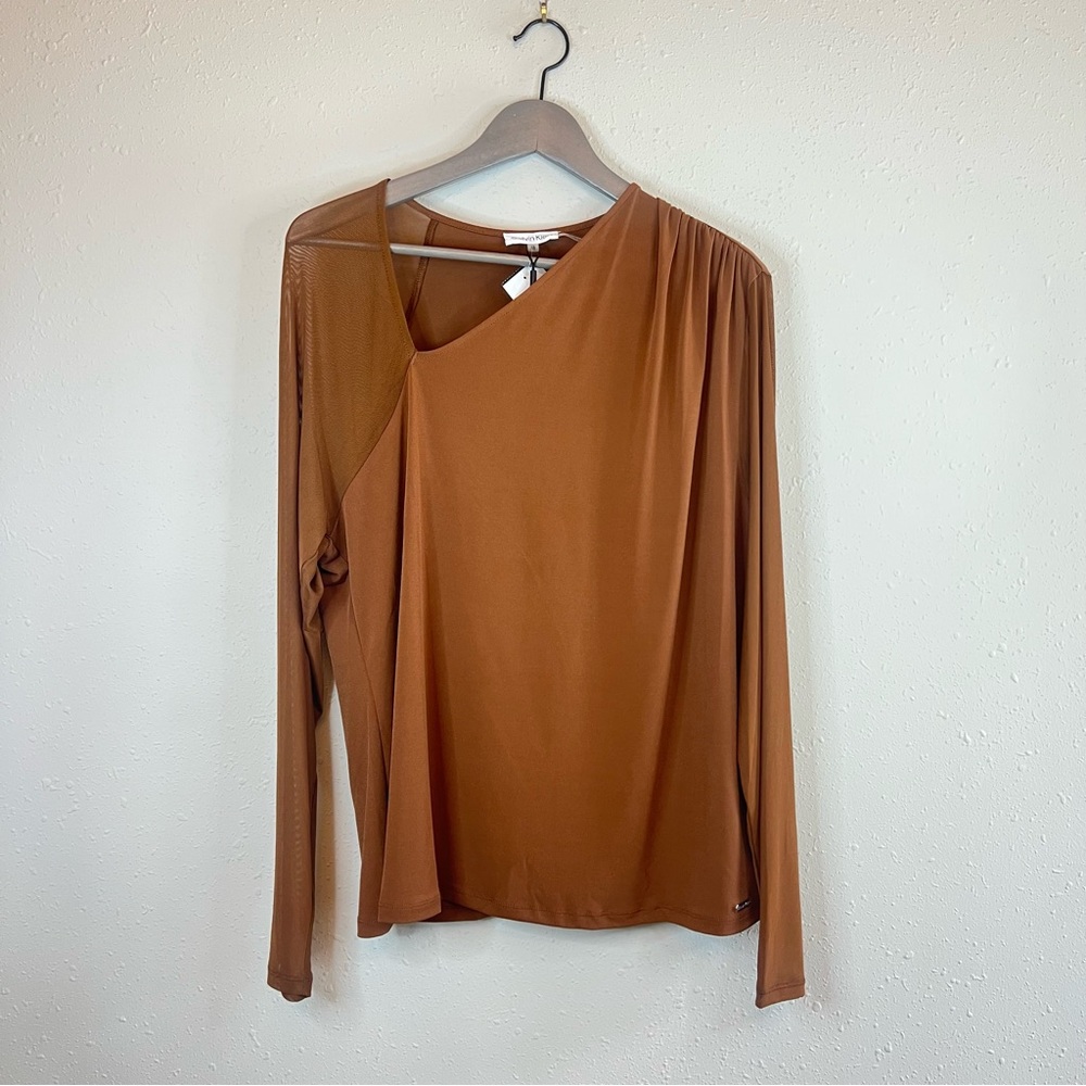 Calvin Klein Women’s Long Mesh Sleeves Drape Neck Brown Top Size XL NWT